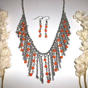 Beaded Necklace and Earring Orange Silver Chain Costume Jewlery Fashion Set C701
